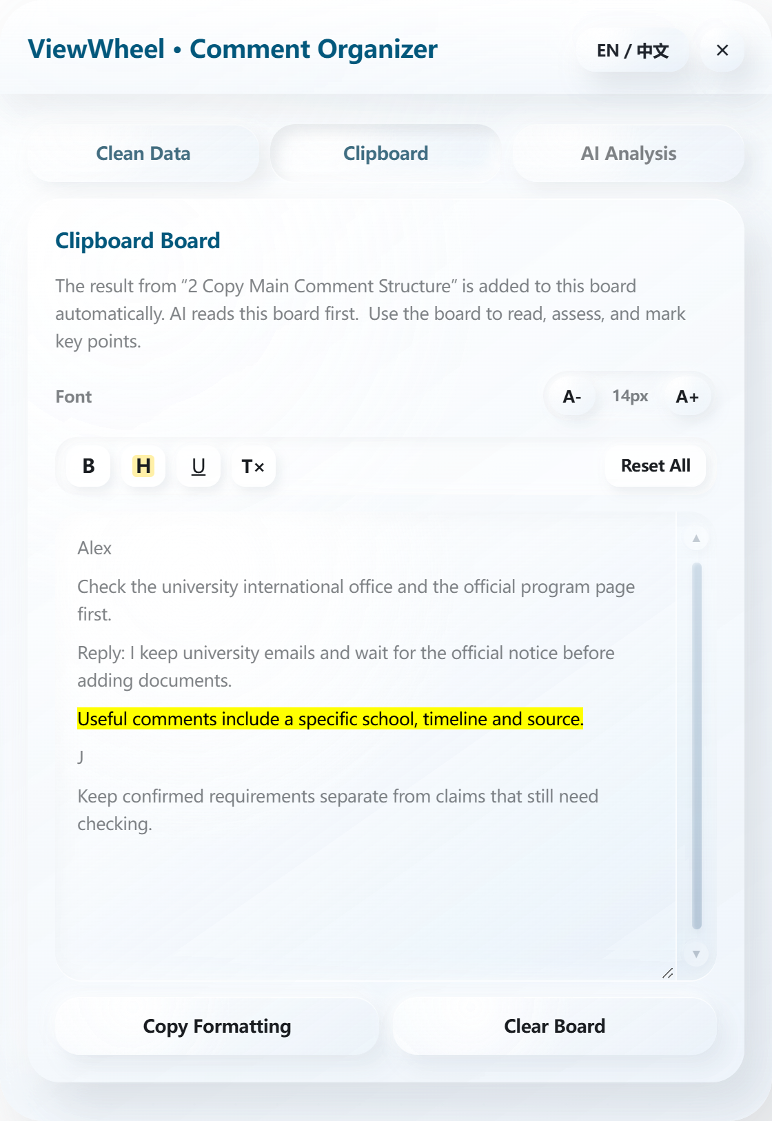 ViewWheel clipboard: comments and highlights